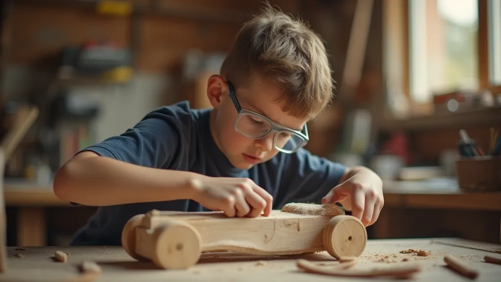 Boy sanding a soap box car