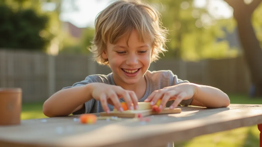 Child sanding wood for soap box car