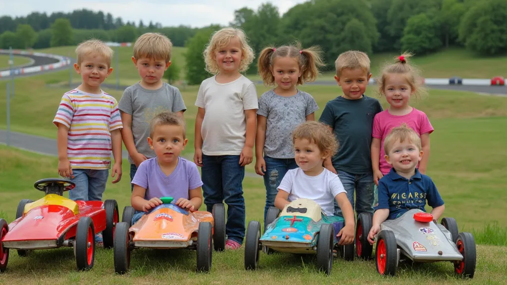 Group of children standing with their soap box cars.