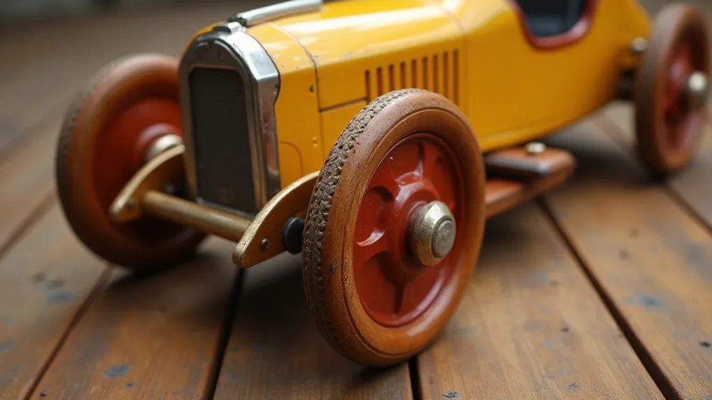 Detailed view of a soap box car wheel.