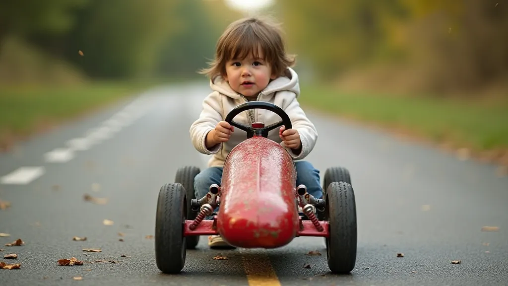 Child struggling to steer a soap box car