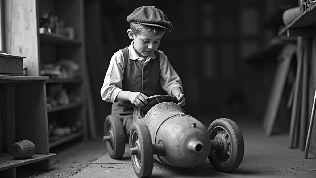 Young boy inspecting his soap box car in the 1930s.