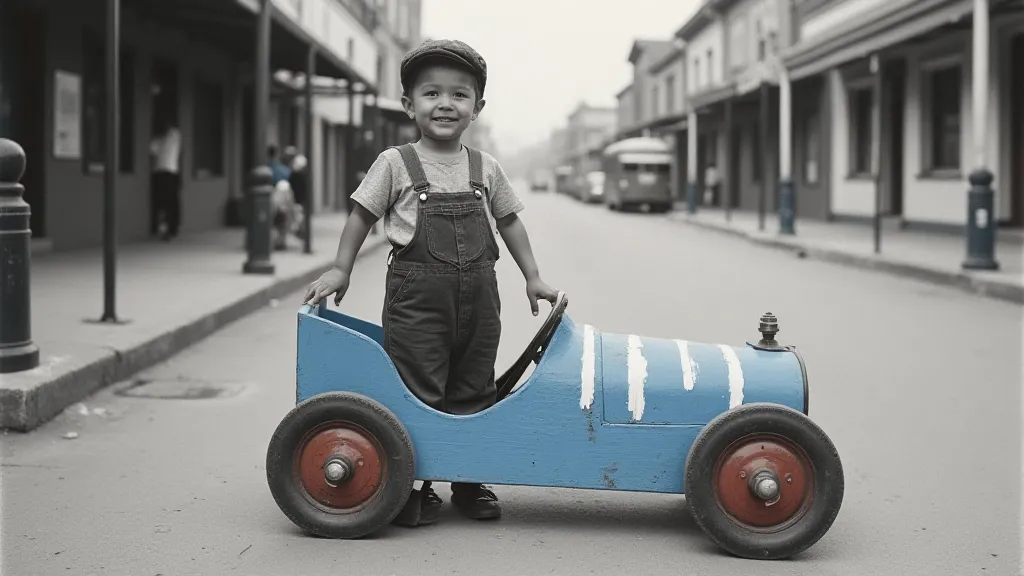 Vintage photograph of a boy with his soap box car.